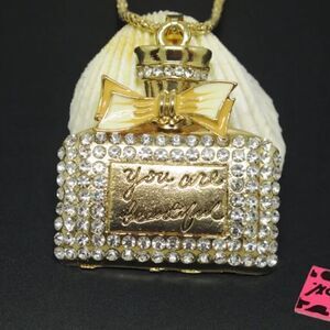 New Black Bow Enamel Perfume Crystal Bottle Pendant Necklace NWOT